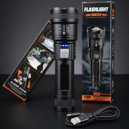 Camping Linterna Potente con Cabeza Deslizante | Zoom Ajustable | Recargable USB | Aluminio