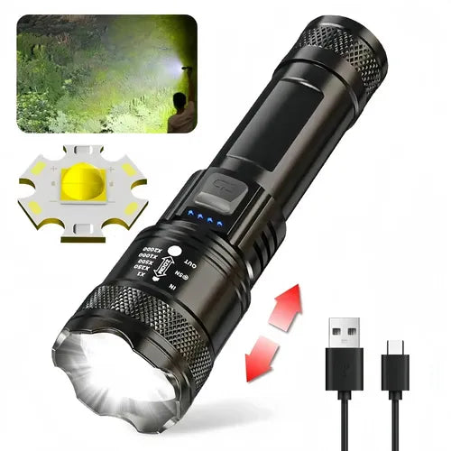 Camping Linterna Potente con Cabeza Deslizante | Zoom Ajustable | Recargable USB | Aluminio