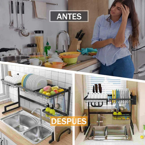 Cocina Platera Escurridor de Platos 2 Pozos | Acero Inoxidable | Sobre el Fregadero | 85cm