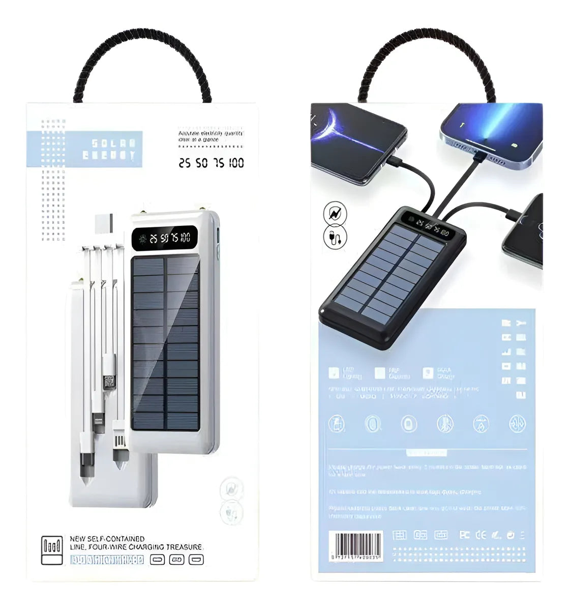Accesorios Power Bank Solar 3-en-1    20.000 mAh — Cables Integrados | Color Blanco