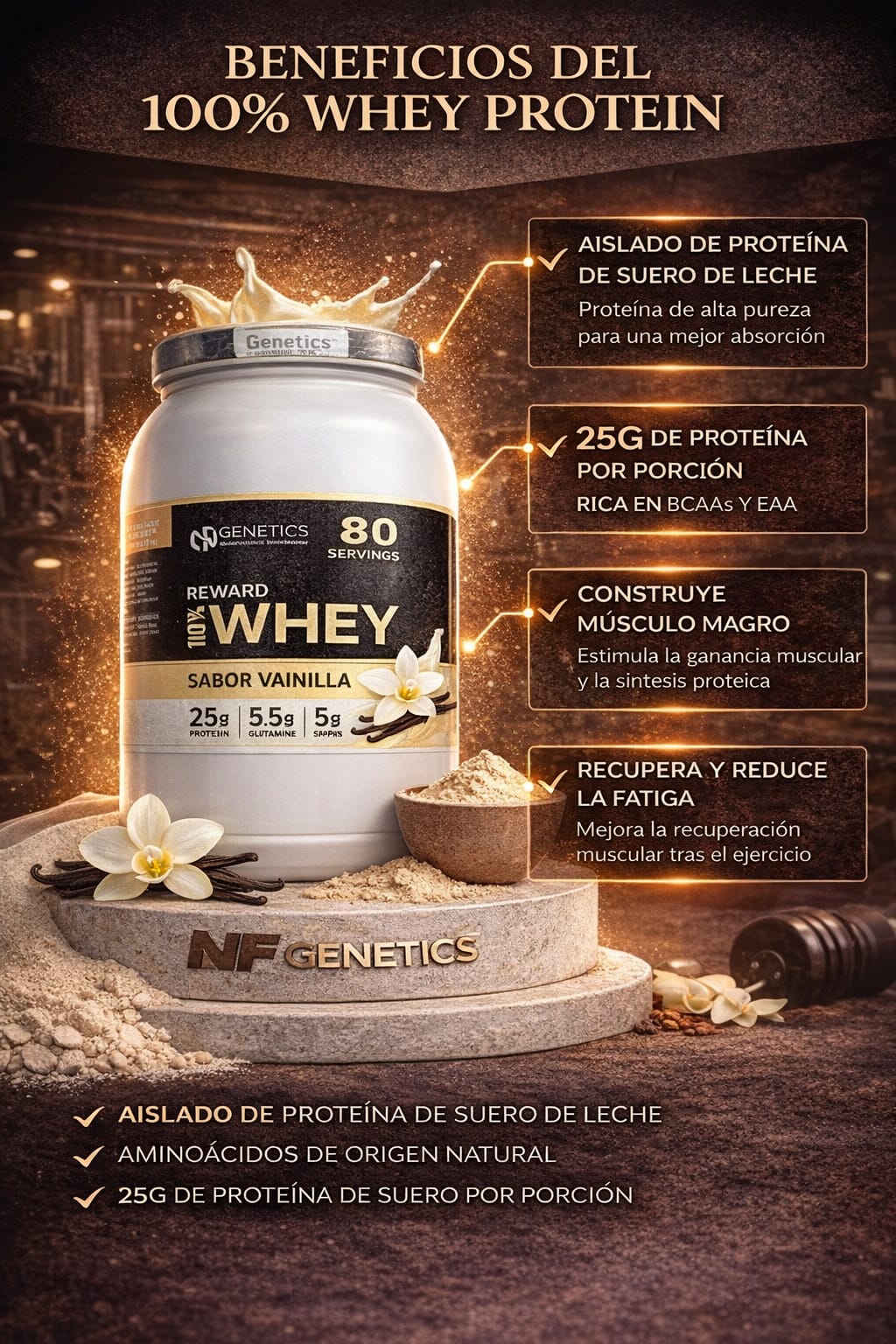 Suplementos Proteína 100% Whey Concentrada Sabor Chocolate | BCAAs y Glutamina | 80 Servicios
