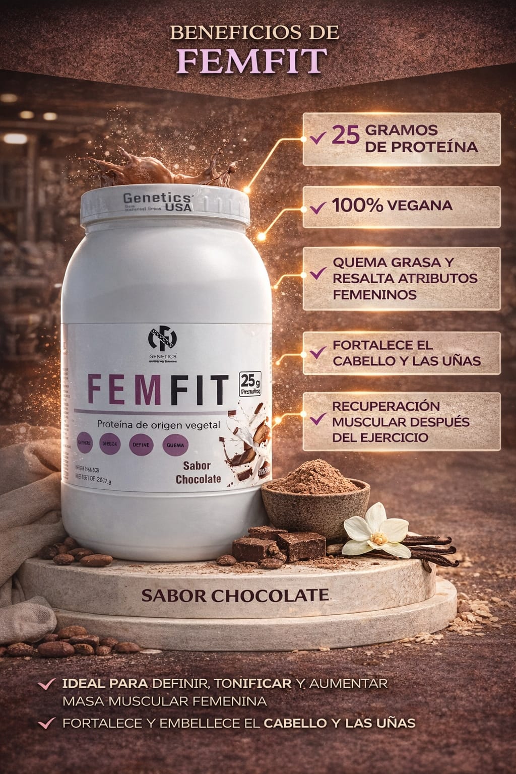 Suplementos Proteína FemFit Vegana | Soya, Arveja y Arroz + Maca, Aguaje y Fenogreco | 80 Servicios