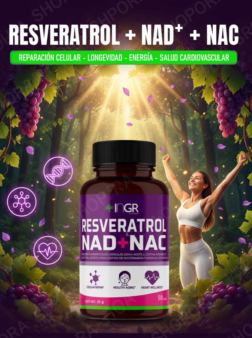 Suplementos Resveratrol + NAD+ + NAC | Reparación Celular, Antienvejecimiento y Salud Cardiovascular | 50 Cápsulas