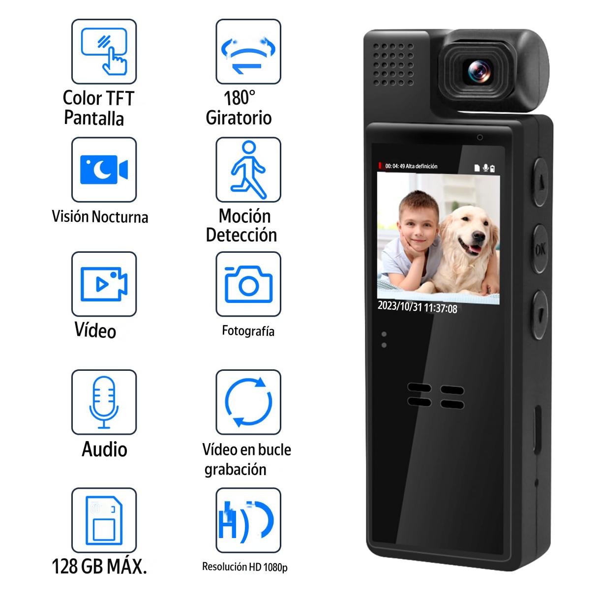 Cámara BODYCAM pantalla giratoria WiFi