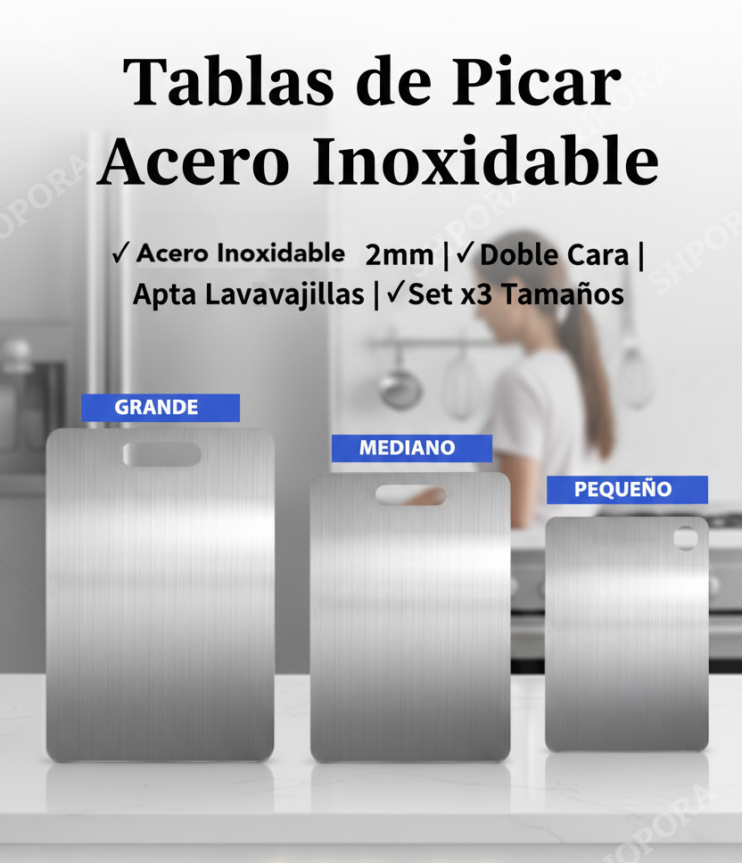 Cocina Tablas de Picar Acero Inoxidable Set x3 — Grande, Mediana y Pequeña