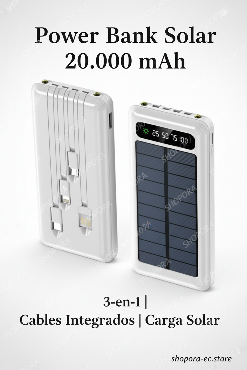 Power Bank Solar 3-en-1 20.000 mAh Blanco — Imagen Premium