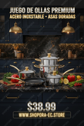 Anuncio Juego de Ollas Acero Inoxidable Asas Doradas $38.99 SHOPORA