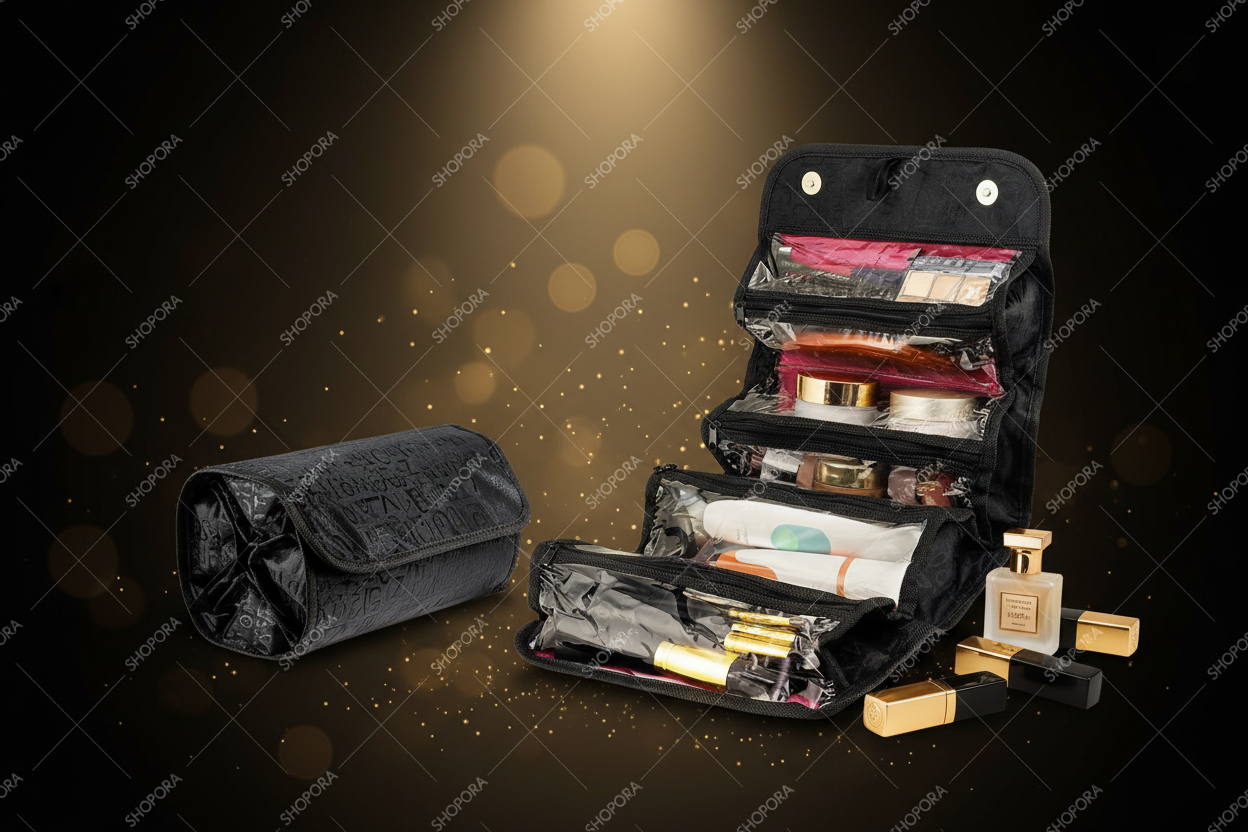 Neceser Roll-Up 4 en 1 organizador maquillaje viaje fondo oscuro dorado premium SHOPORA