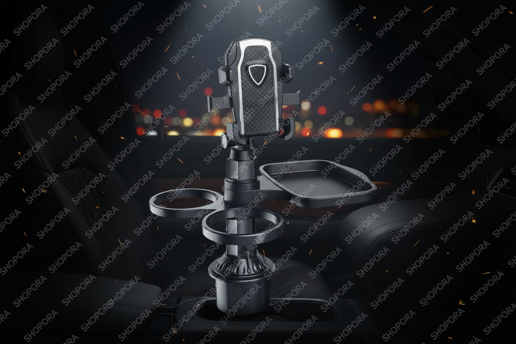 Organizador auto con soporte celular bandeja y portavasos fondo oscuro premium SHOPORA