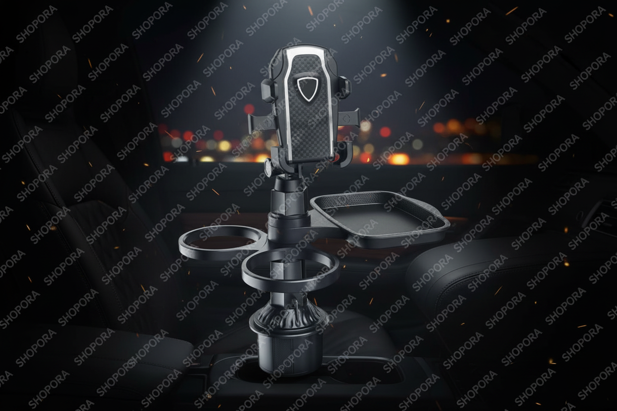 Organizador auto con soporte celular bandeja y portavasos fondo oscuro premium SHOPORA