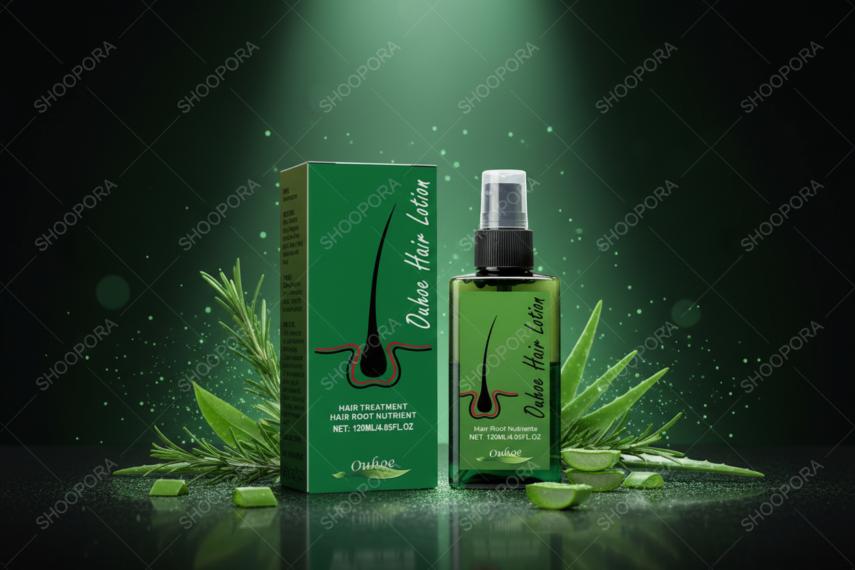 OUHOE Hair Lotion spray tratamiento nutritivo capilar fondo verde oscuro botánico premium SHOPORA