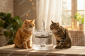 Fuente de agua eléctrica con gato naranja y atigrado interior luz dorada SHOPORA