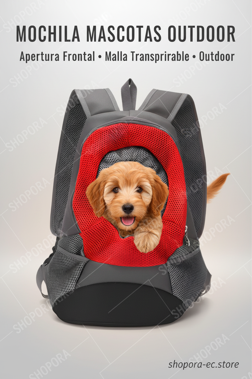 Mochila para mascotas outdoor SHOPORA gris rojo apertura frontal malla transpirable