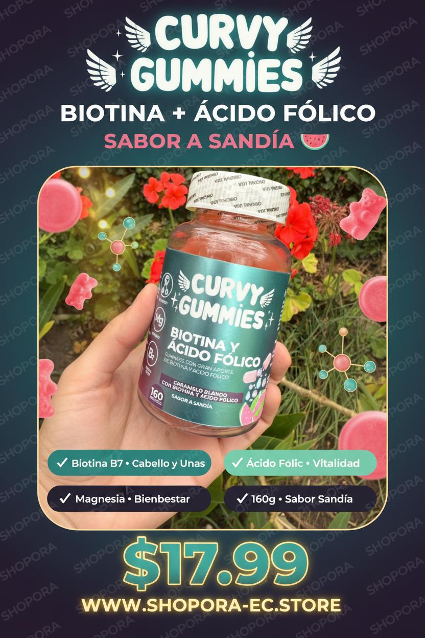 Anuncio Curvy Gummies Biotina Ácido Fólico Sabor Sandía $17.99 SHOPORA