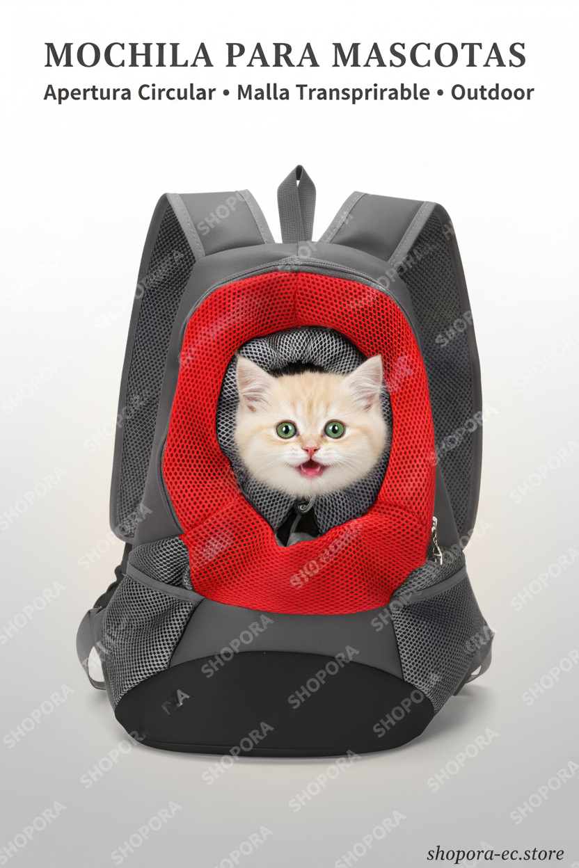 Mochila para mascotas outdoor SHOPORA gris con apertura frontal circular roja - perros y gatos