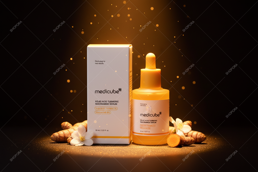 Medicube Kojic Acid Turmeric Niacinamide Serum con fondo oscuro dorado elegante SHOPORA