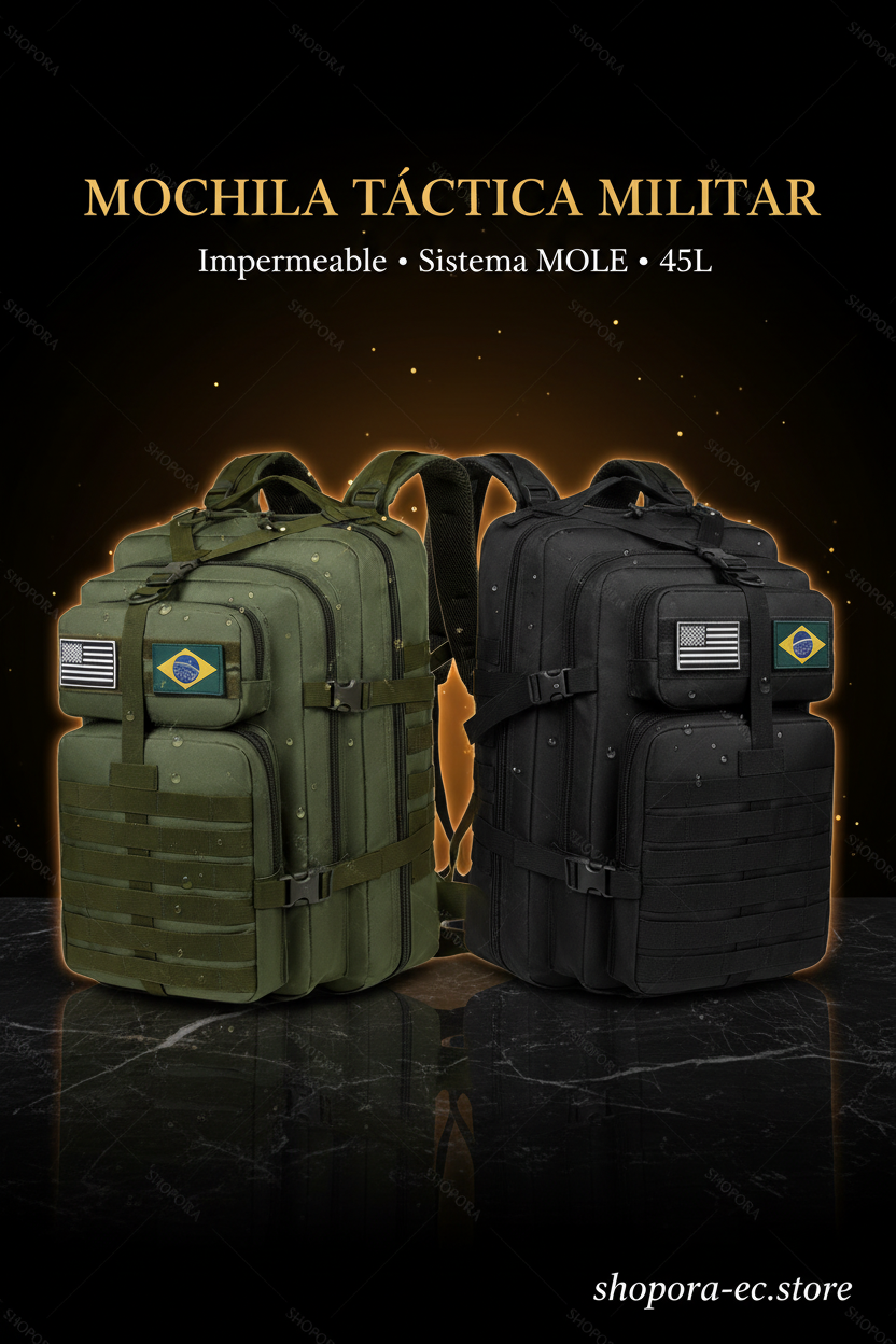 Mochila Táctica Militar SHOPORA en verde militar y negro sobre fondo premium oscuro