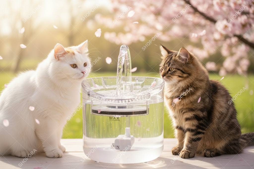 Fuente de agua eléctrica para mascotas con gatitos en fondo de primavera SHOPORA