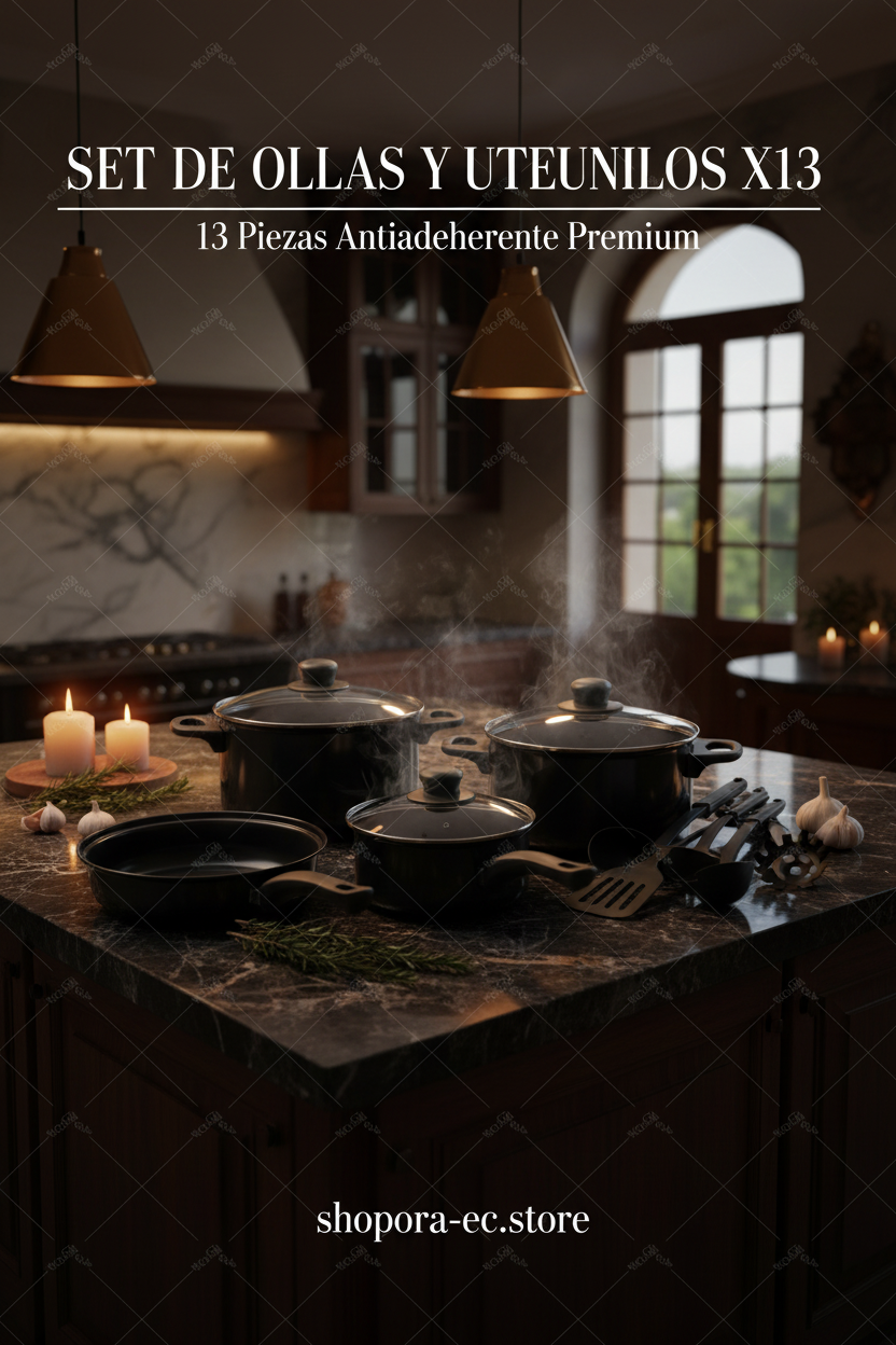 Set de Ollas y Utensilios x13 Royal Mark 13 piezas antiadherente premium en cocina de lujo
