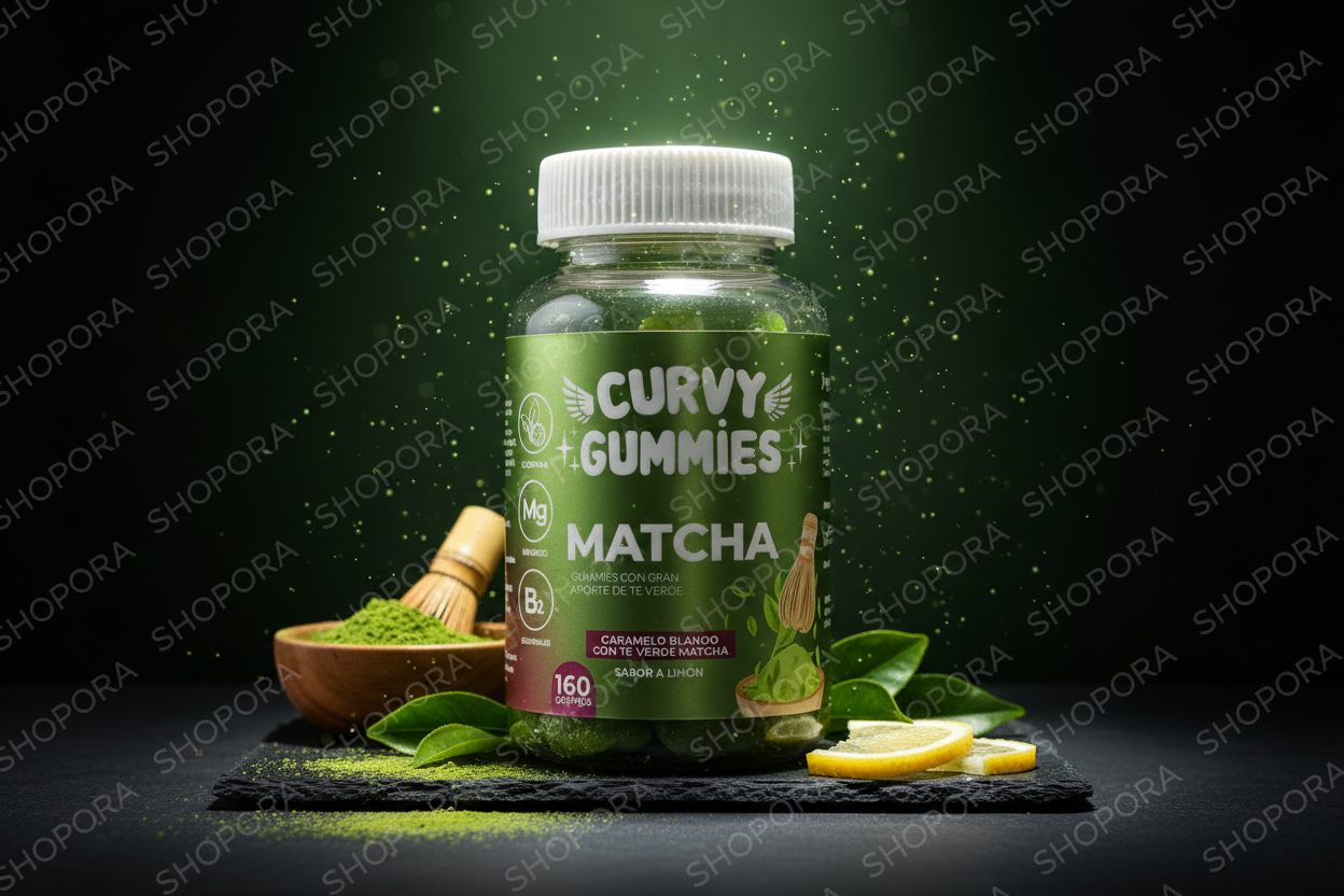 CURVY GUMMIES MATCHA gomitas té verde matcha con fondo oscuro verde premium SHOPORA