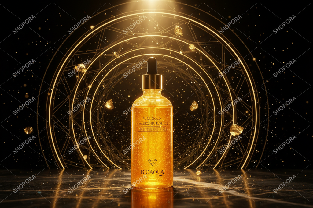 BIOAQUA Pure Gold Hyaluronic Essence sérum oro 24K con fondo negro dorado premium SHOPORA