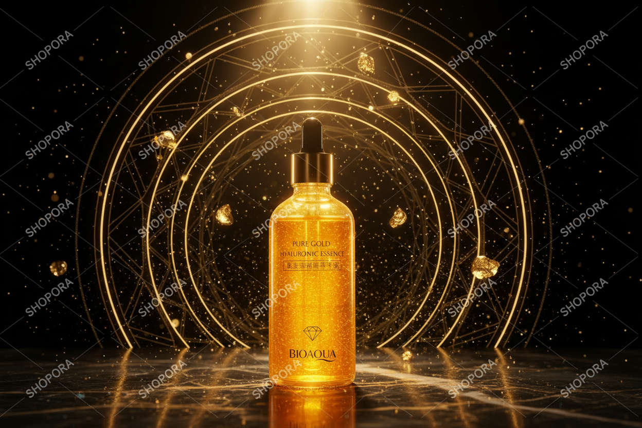 BIOAQUA Pure Gold Hyaluronic Essence sérum oro 24K con fondo negro dorado premium SHOPORA