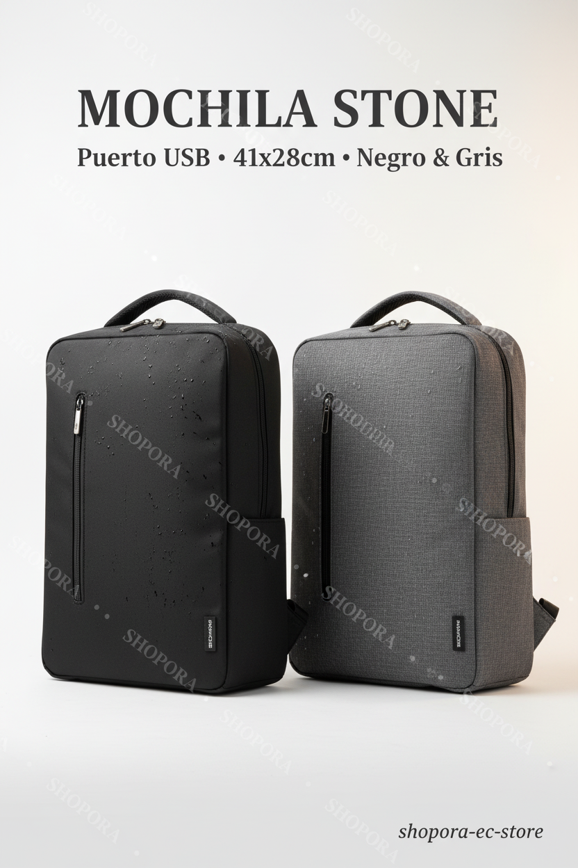Mochila Stone SHOPORA en negro y gris sobre fondo claro premium