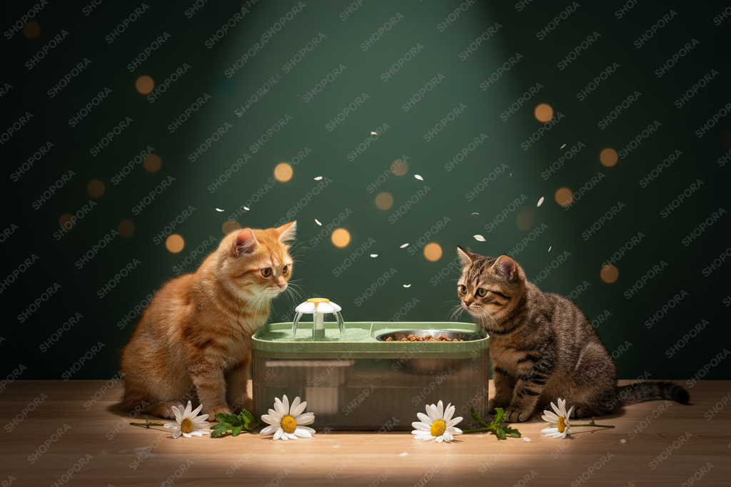Estación 2 en 1 fuente y comedero para gatos con fondo verde oscuro premium SHOPORA