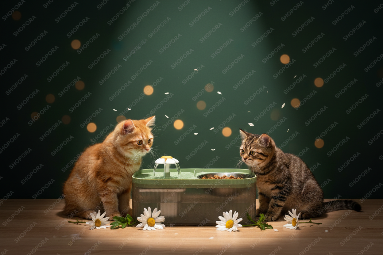 Estación 2 en 1 fuente y comedero para gatos con fondo verde oscuro premium SHOPORA