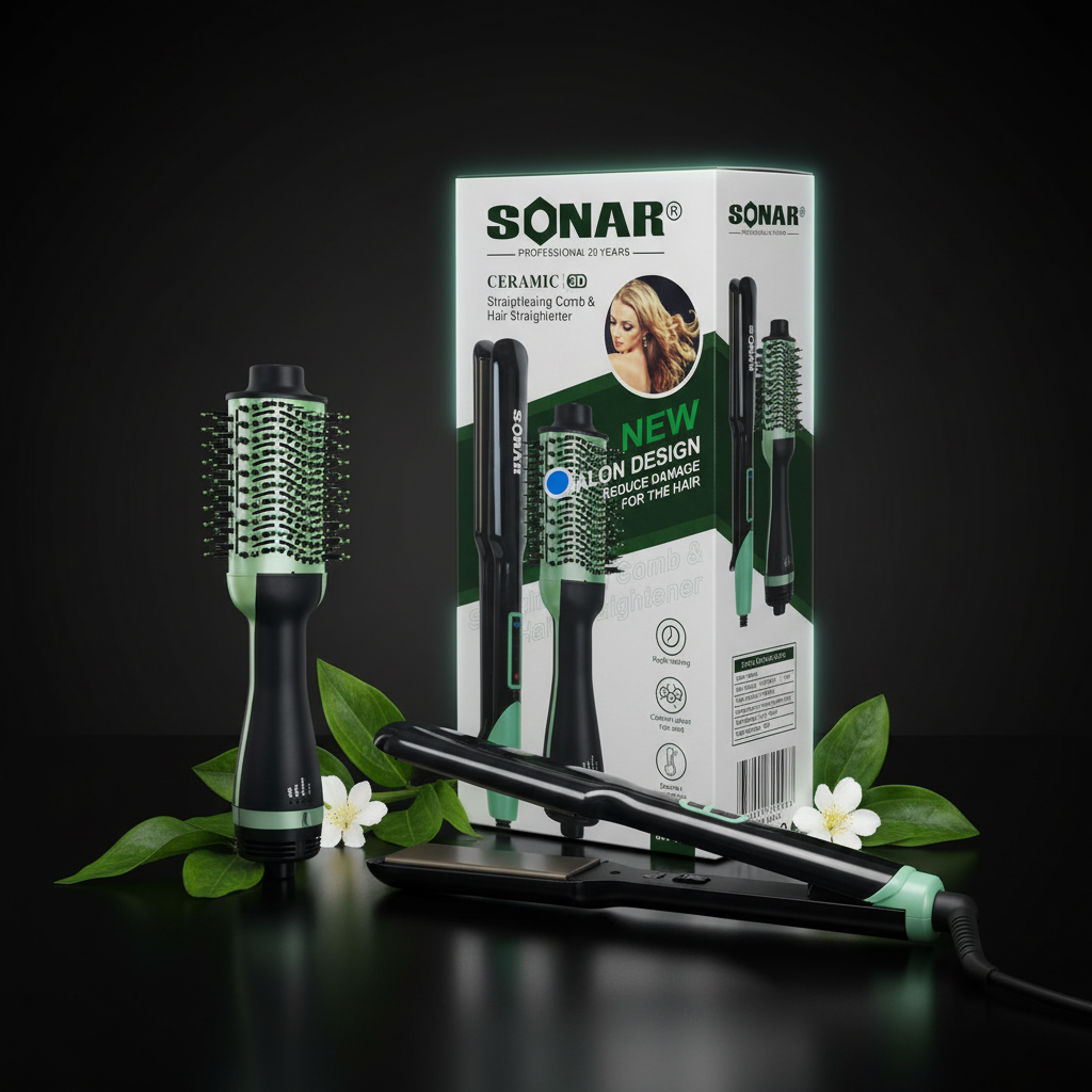 SONAR SN-006 Kit Plancha Ceramic 3D + Cepillo Secador - Foto Premium