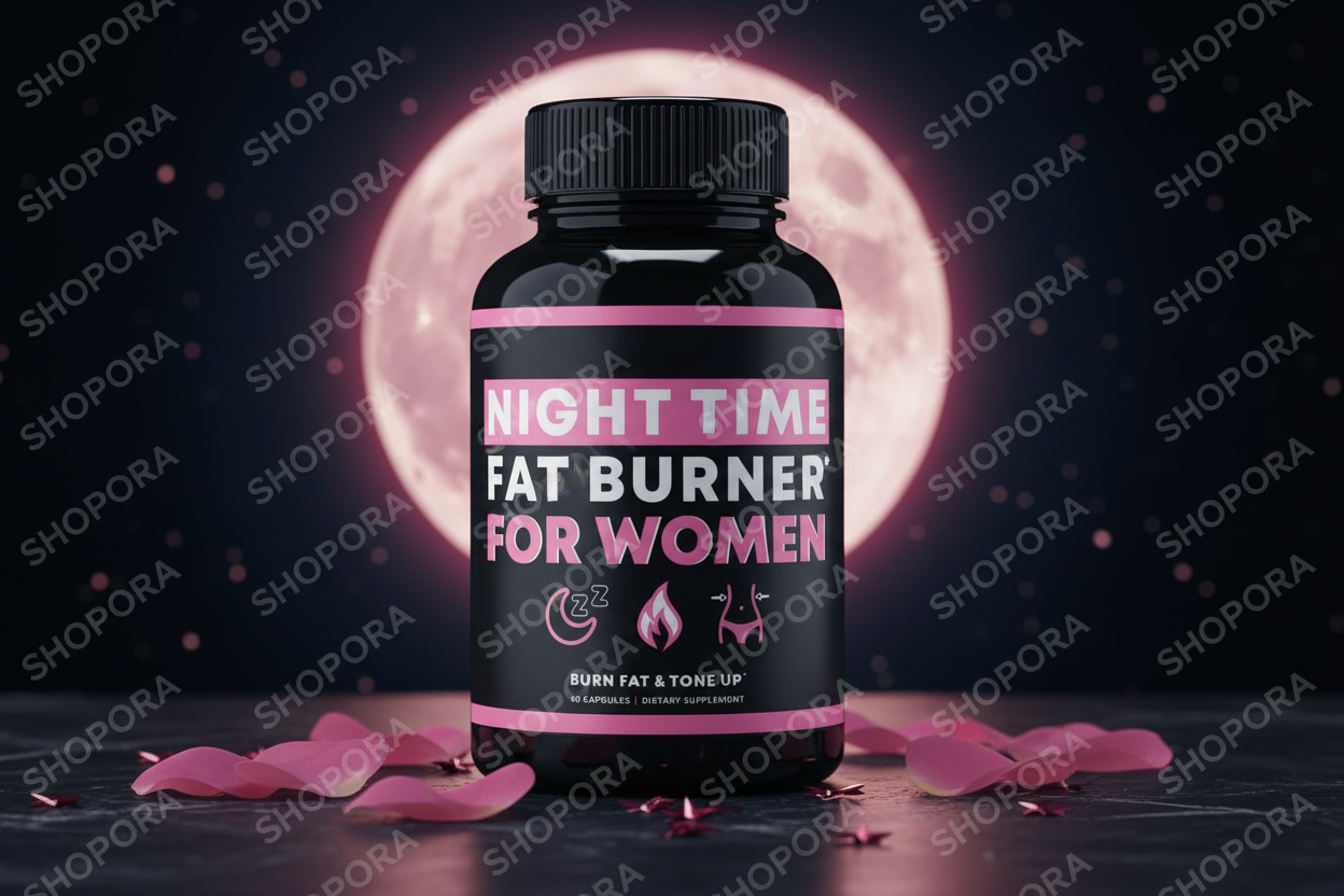 NIGHT TIME FAT BURNER FOR WOMEN frasco negro con fondo oscuro luna llena premium SHOPORA