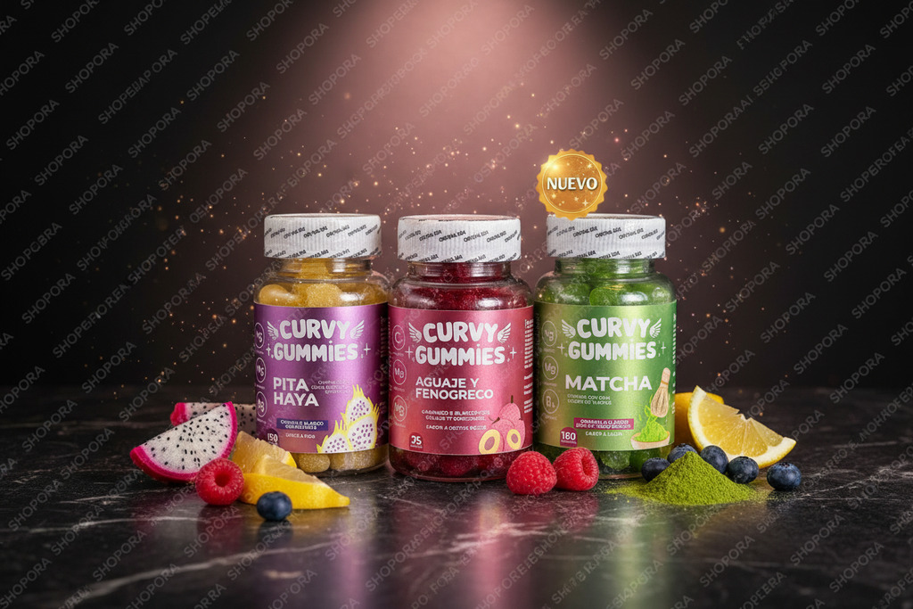 CURVY GUMMIES 3-Pack Pro Pitahaya Aguaje Fenogreco Matcha fondo oscuro premium SHOPORA