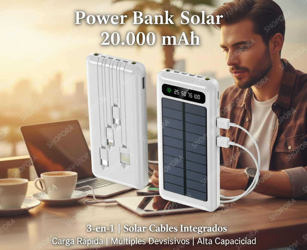 Power Bank Solar 20.000 mAh — Redes Sociales Texto Blanco