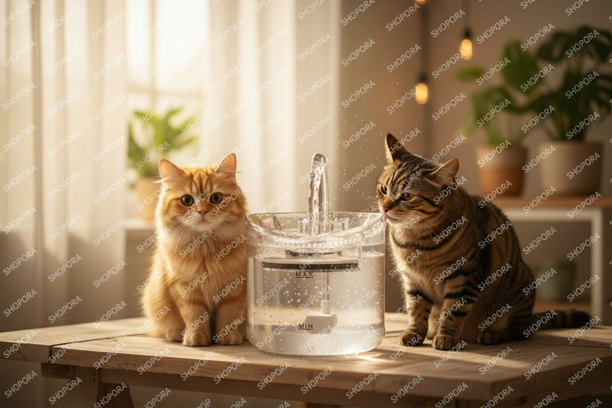 Fuente de agua eléctrica con gato naranja y atigrado en interior acogedor SHOPORA