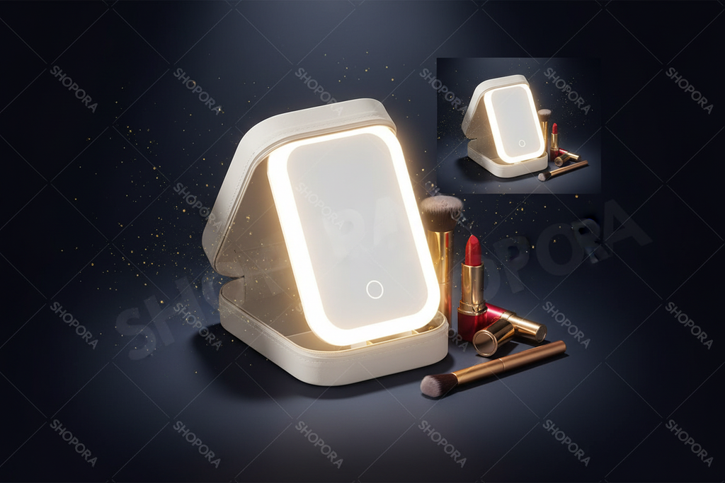 Espejo de maquillaje LED plegable con organizador, fondo oscuro elegante, marca SHOPORA