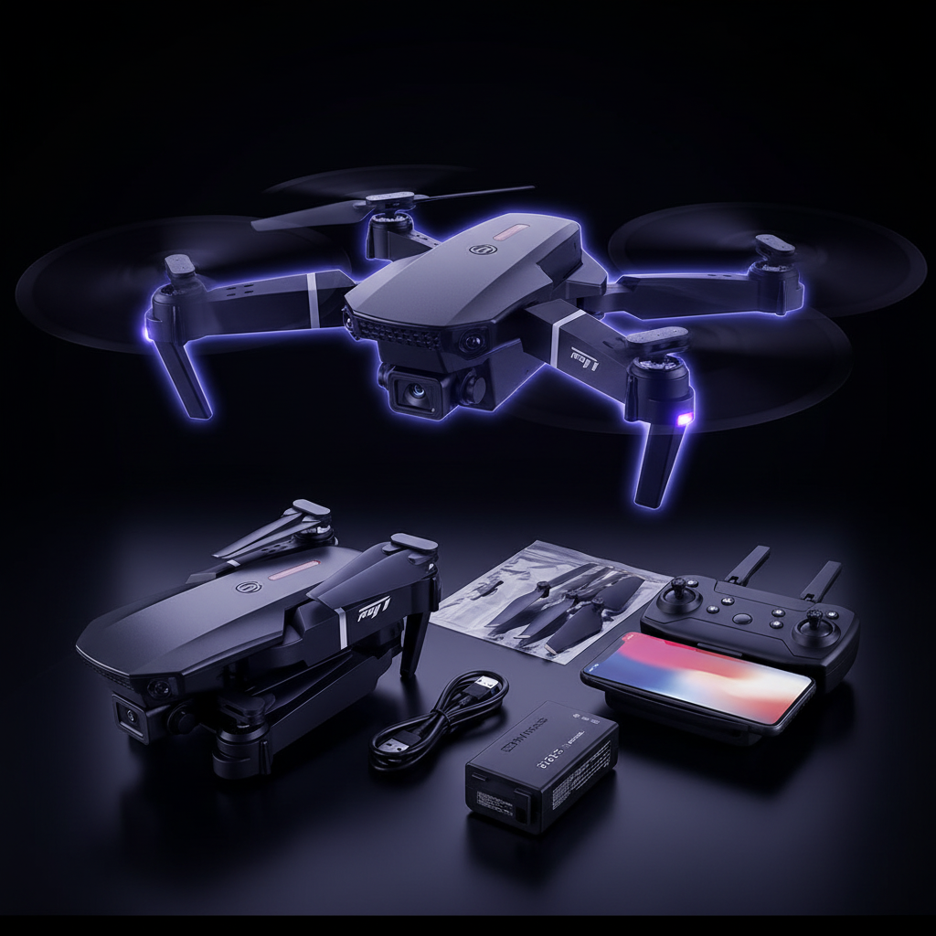 Dron E88 Pro Plegable con Cámara 4K - Foto Premium Fondo Oscuro
