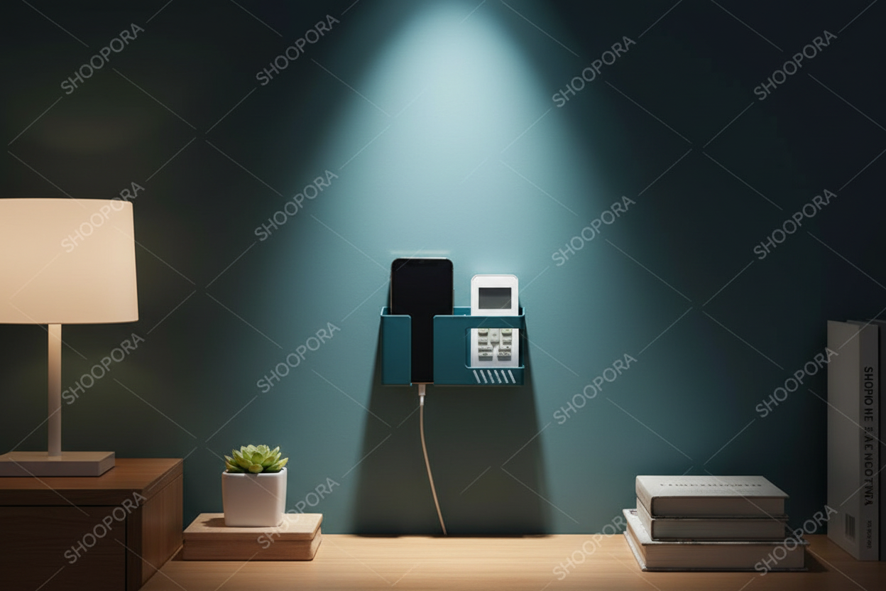 Organizador de pared adhesivo 2 compartimentos porta control remoto y celular fondo oscuro teal SHOPORA