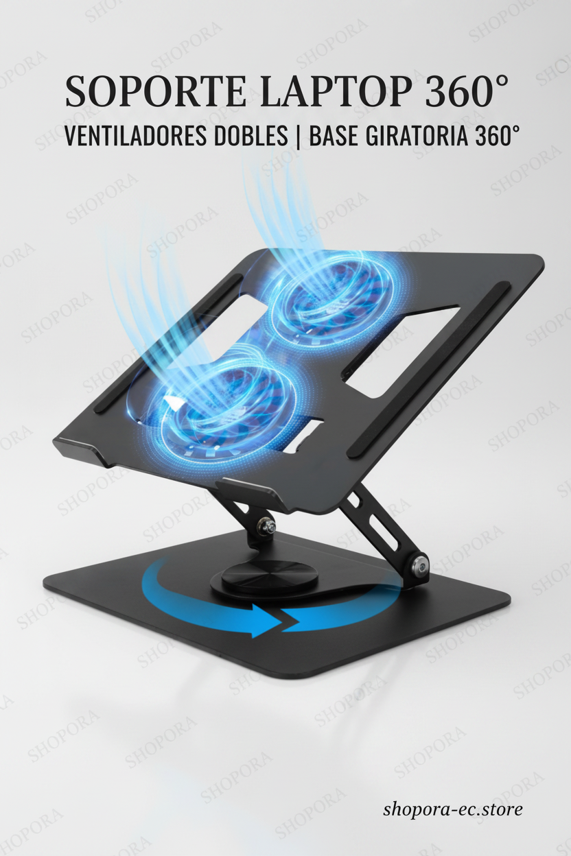 Accesorios Soporte Laptop con Ventiladores Dobles y Base Giratoria 360° | Negro