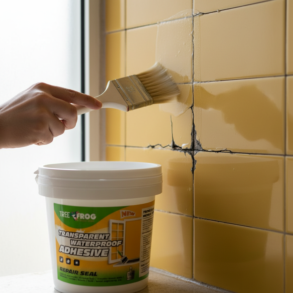 Impermeabilizante aplicado con brocha sobre azulejos mostaza con grietas