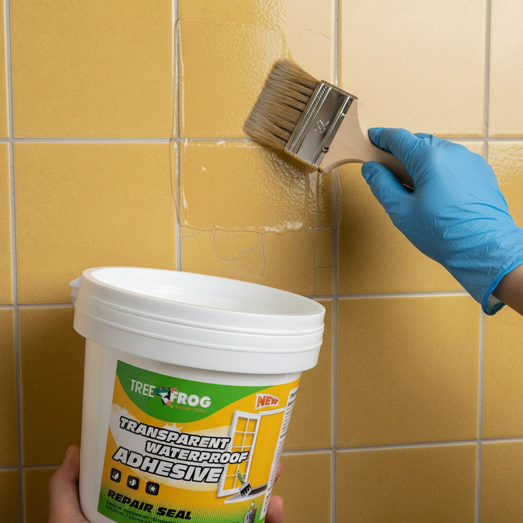 Impermeabilizante aplicado sobre azulejos mostaza con grietas leves