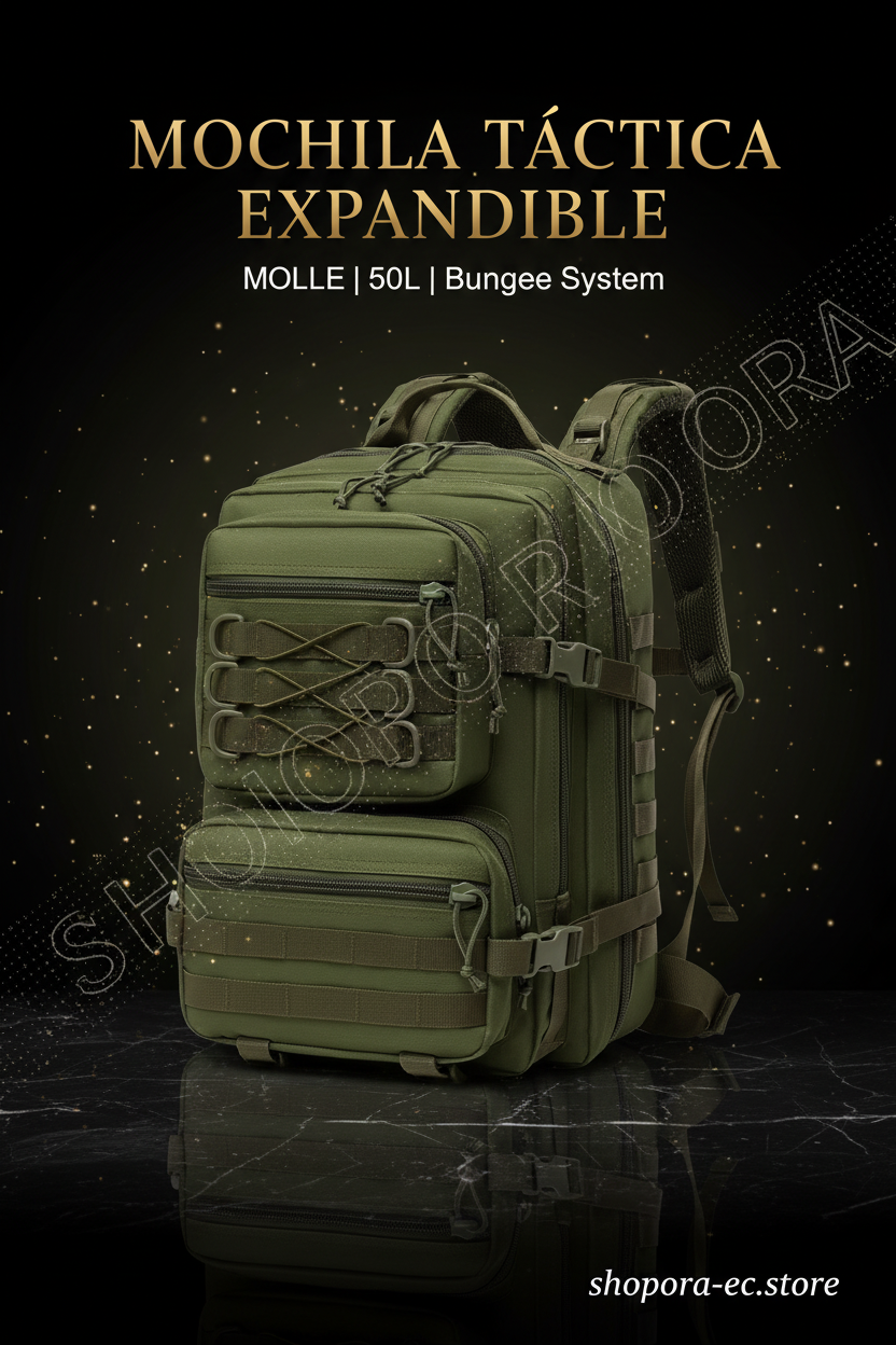 Mochila Táctica Expandible Premium | MOLLE | 50L | Bungee Frontal | Verde Militar