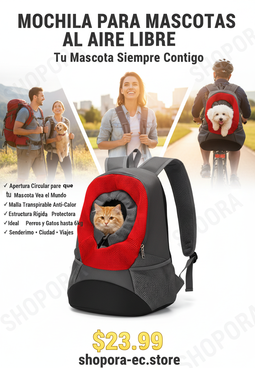 MOCHILA PARA MASCOTAS OUTDOOR | Apertura Frontal • Malla Transpirable | Gris/Rojo