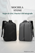 MOCHILA STONE QG-CHIC-025 | Ejecutiva con Puerto USB | Negro & Gris
