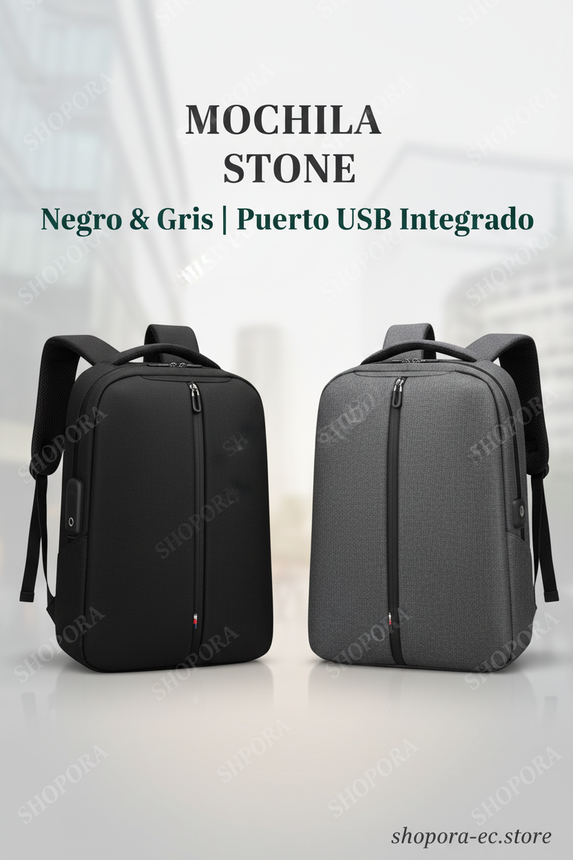 MOCHILA STONE QG-CHIC-025 | Ejecutiva con Puerto USB | Negro & Gris