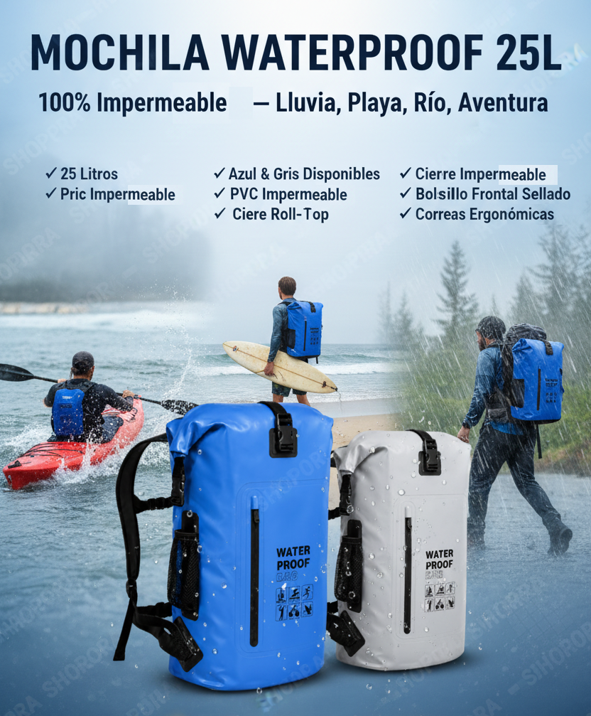 MOCHILA WATERPROOF 25L | 100% Impermeable | 🔵 Azul & ⚪ Gris