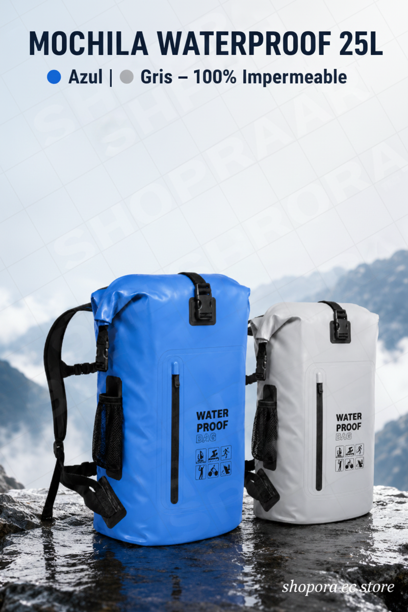 MOCHILA WATERPROOF 25L | 100% Impermeable | 🔵 Azul & ⚪ Gris