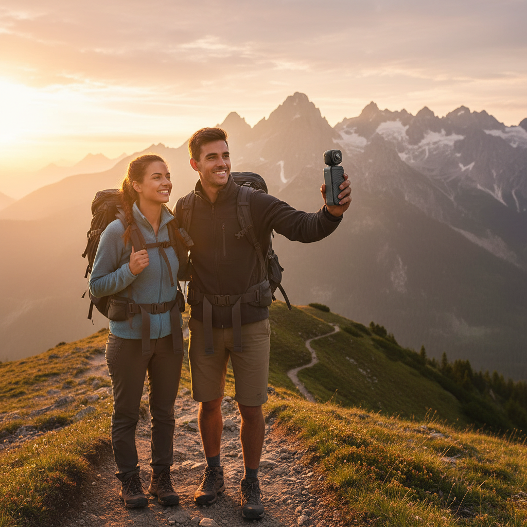 Pareja en montaña con mini cámara