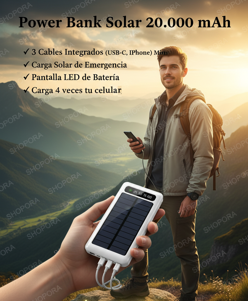 Accesorios Power Bank Solar 3-en-1    20.000 mAh — Cables Integrados | Color Blanco