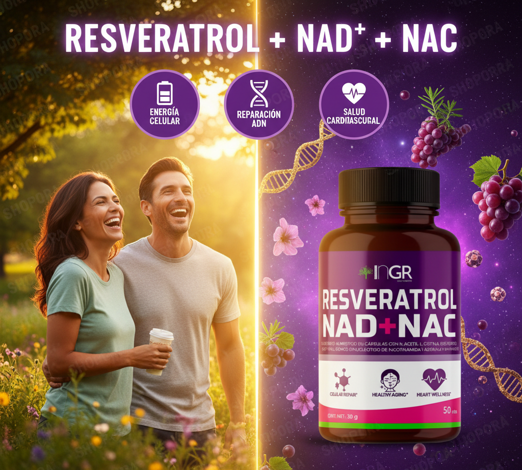Suplementos Resveratrol + NAD+ + NAC | Reparación Celular, Antienvejecimiento y Salud Cardiovascular | 50 Cápsulas