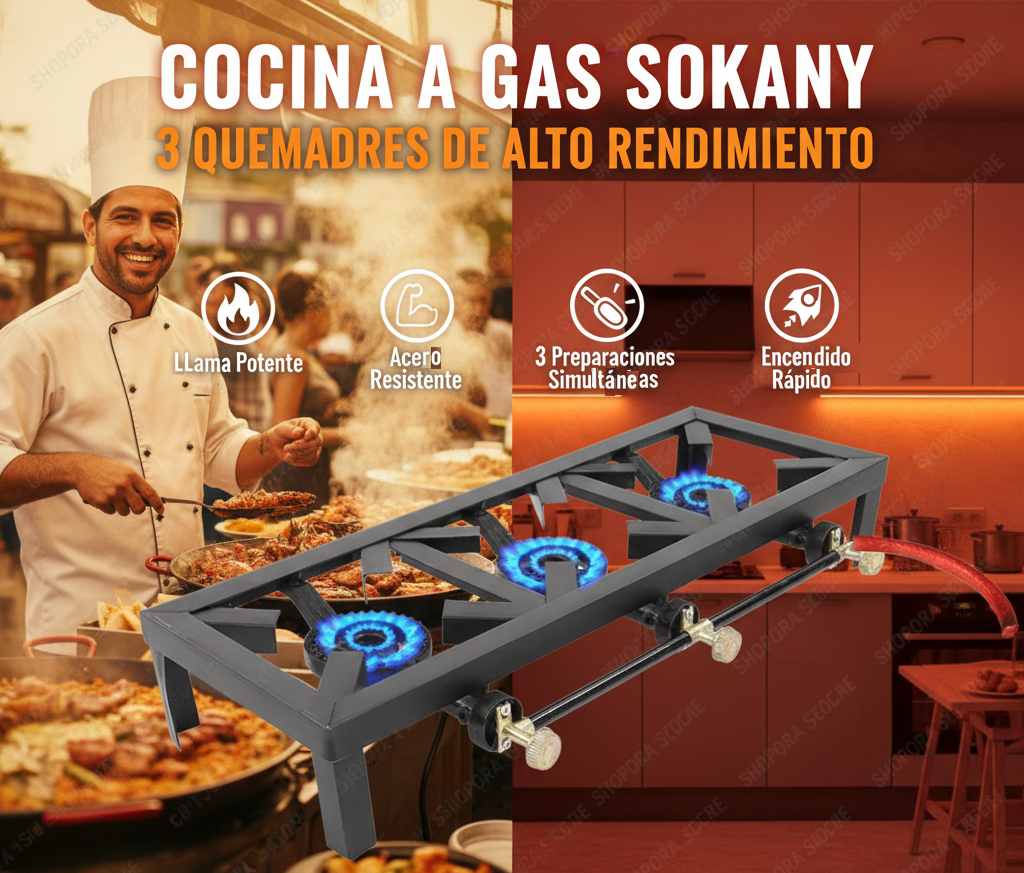 Cocina a Gas Sokany 3 Quemadores | Acero Resistente | Uso Hogar y Negocio